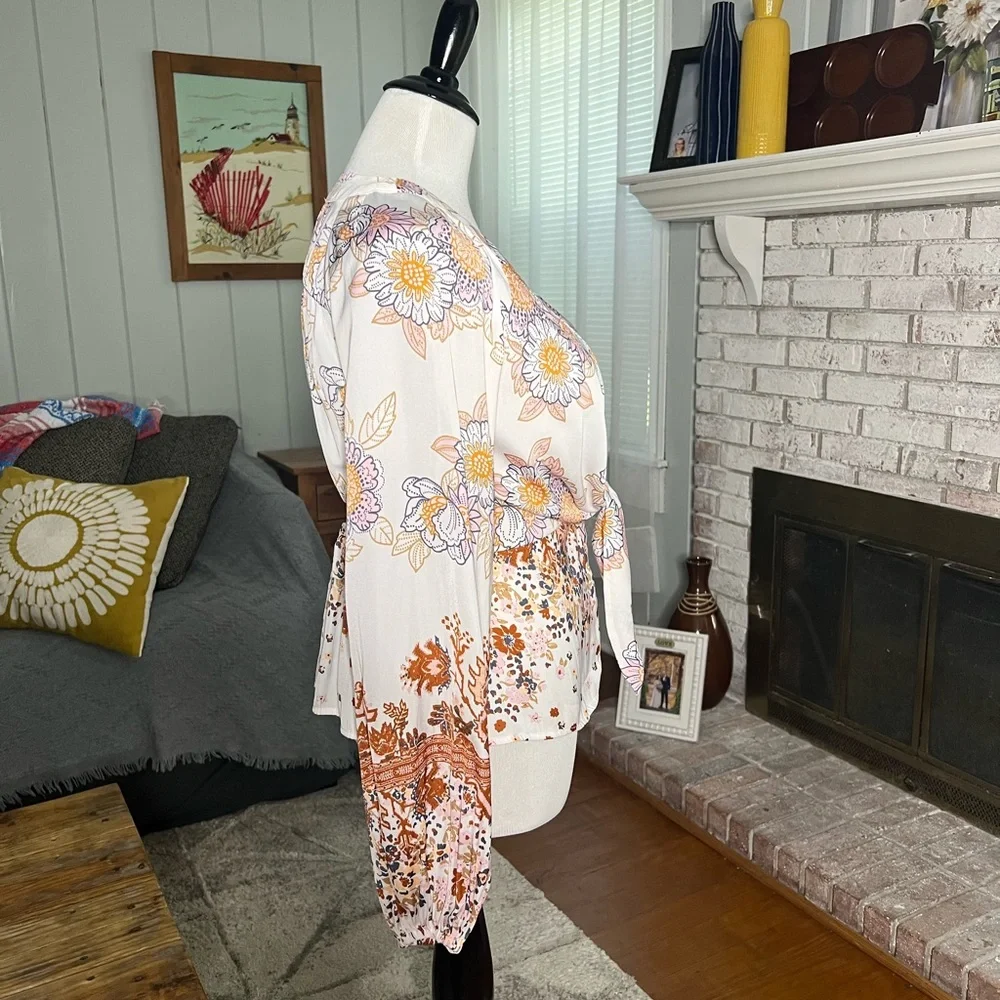Free People run free balloon sleeve floral tie front button blouse